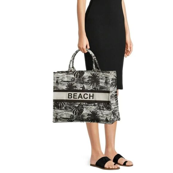 London Fog Beach Canvas Tote Bag - Black & White Tropical Palm NEW Ltd Edition - Picture 1 of 12